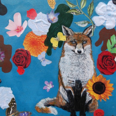 Hand painted fox with decoupaged flowers